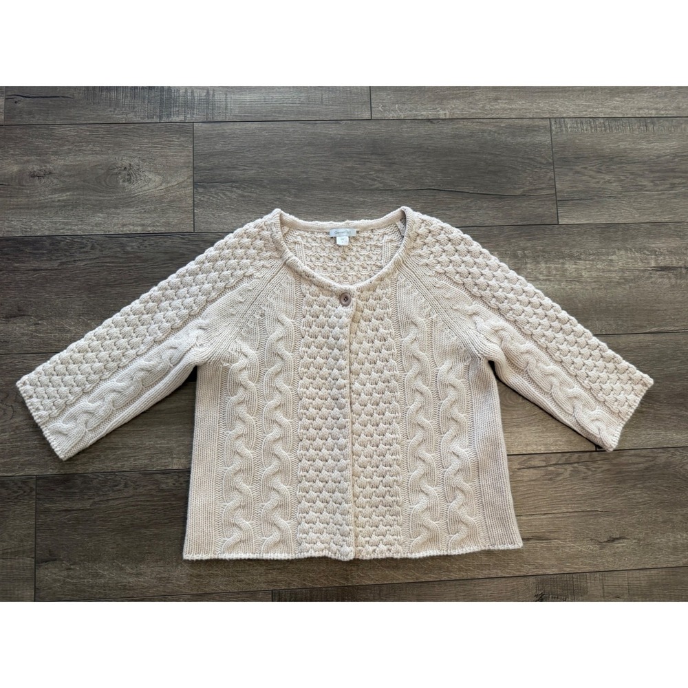 Garnet Hill Womens Cream 100% Lambswool Cable Knit Cardigan Sweater Large NWOT